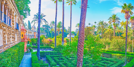 SEVILLE, SPAIN - OCTOBER 1, 2019: The amazing ornamental park with trimmed bushs and trees are the pearl of the Royal Alcazar Palace complex, on October 1 in Sevilleのeditorial素材