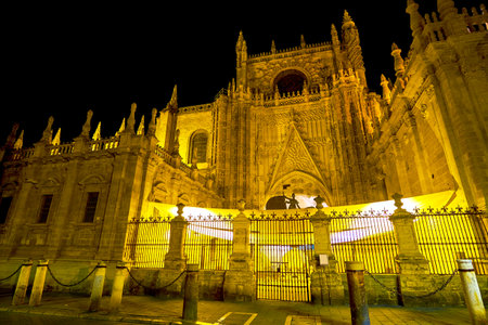 Beautiful Puerta De San Cristobal of Seville Cathedral with large cannopy at the central doors in bright night illumination, Spainのeditorial素材