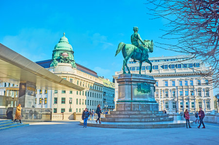 VIENNA, AUSTRIA - FEBRUARY 19, 2019: The upper terrace of Albertina museum with bronze equestrian...