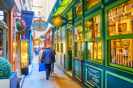 VIENNA, AUSTRIA - FEBRUARY 19, 2019: The narrow alley between Wollzeile and Backerstrasse streets with popular tourist cafes and bars, such as Figlmuller, on February 19 in Viennaのeditorial素材