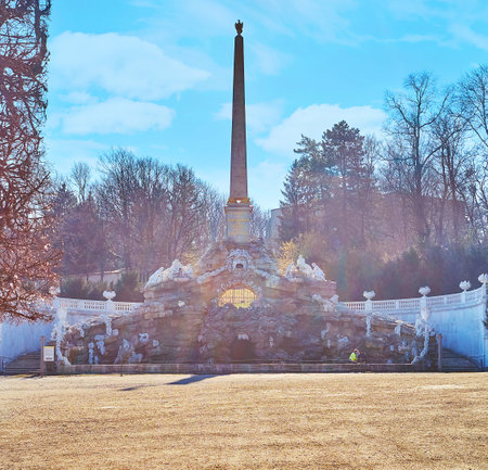 VIENNA, AUSTRIA - FEBRUARY 19, 2019: Te scenic ensemble of Obelisk fountain, located in garden of...