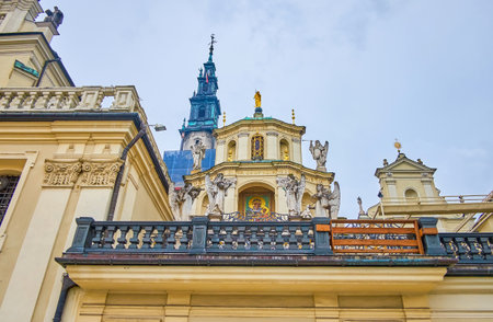 The splendid facades with stucco molding decorations and carved sculptures  on historical edifices of Jasna Gora monastery complex in Czestochowa, Polandのeditorial素材