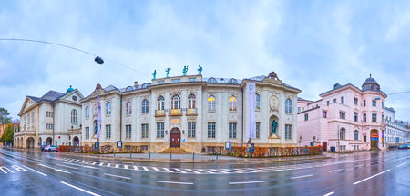 SALZBURG, AUSTRIA - MARCH 1, 2019: Panoramic view on facade of Mozarteum complex on Schwarzstrasse, on March 1 in Salzburgのeditorial素材