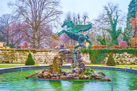 SALZBURG, AUSTRIA - MARCH 1, 2019: The Pegasus fountain is the central element and the notable...