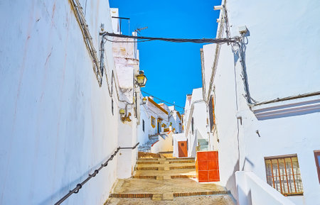 The small medieval Arcos, located on the rock, is full of narrow curved streets with ascents, descents, stairs and deadlocks, Spainのeditorial素材