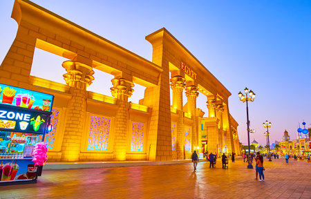 DUBAI, UAE - MARCH 5, 2020: The evening lights decorate the facade of Egypt pavilion of Global Village Dubai, on March 5 in Dubaiのeditorial素材