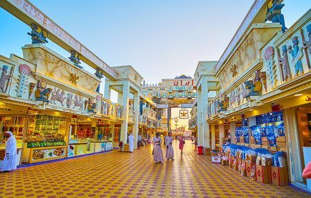 DUBAI, UAE - MARCH 5, 2020: The stalls of Iran pavilion of Global Village Dubai are decorated in style of ancient Persepolis and contain bas reliefs, patterns, columns and symbols, on March 5 in Dubaiのeditorial素材