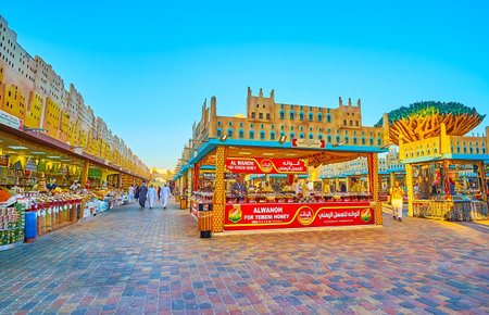 DUBAI, UAE - MARCH 5, 2020: Visit Yemen pavilion of Global Village Dubai, choose local souvenirs, foods and other traditional goods, on March 5 in Dubaiのeditorial素材