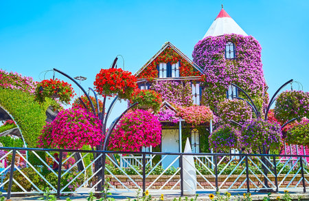 DUBAI, UAE - MARCH 5, 2020: The small Dutch house, covered with colored flowers in Miracle Garden, on March 5 in Dubaiのeditorial素材