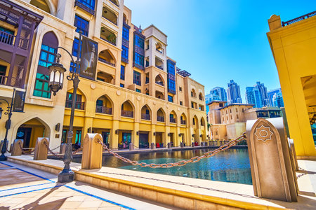 DUBAI, UAE - MARCH 3, 2020: The roof courtyard with a pool and outdoor terrace of restaurant is one of the most calm and cozy places in noisy Dubai Mall area, on March 3 in Dubaiのeditorial素材