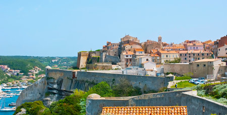The picturesque view of the upper town (Ville Haute), surrounded by medieval Citadel ramparts, Bonifacio, Corsica, Franceの写真素材