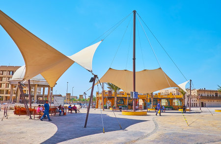 DUBAI, UAE - MARCH 8, 2020: The scenic awning, looking like the boat sails, located at Al Ghubaiba Water Transport Station of Bur Dubai, on March 8 in Dubaiのeditorial素材