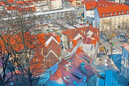The old tile red roofs of the central district of Ljubljana from the Castle Hill, Sloveniaのeditorial素材
