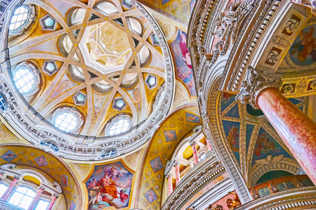 TURIN, ITALY - May 9, 2012: The Royal Church of St Lawrence has the unique dome, its complex shapes,...