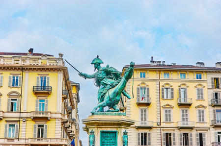 The masterpiece bronze equestrian statue of Ferdinand of Savoy, located in Piazza Solferino Square,...