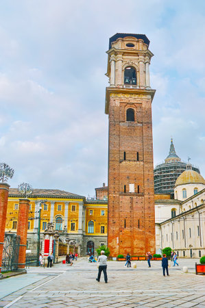 TURIN, ITALY - May 9, 2012: The Campanile (bell tower) of the St John the Baptist Cathedral (Duomo di Torino), Piazza San Giovanni, on May 9 in Turinのeditorial素材