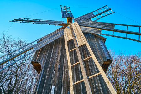 The close-up of the old wooden sails of the windmill in Pyrohiv Skansen, Kyiv, Ukraineのeditorial素材