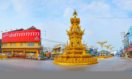 CHIANG RAI, THAILAND - MAY 11, 2019: Panorama with impressive Golden Clocktower - the most famous landmark of the city, on May 11 in Chiang Raiのeditorial素材