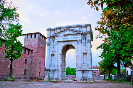 The antique Roman Arco dei Gavi - triumphal Gavi arch, located in Corso Cavour, Citta Antica neighborhood, Verona, Italyのeditorial素材