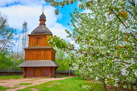 The timber bell tower of the Intercession of Holy Virgin Church, located in scansen of Mamajeva...