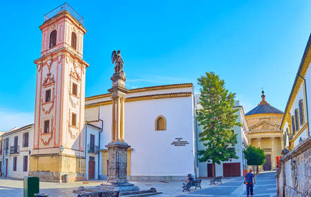 Panorama of Compania Square with Santo Domingo Tower, San Rafael Column and the Church of Santa Victoria in Background, Cordoba, Spainの写真素材