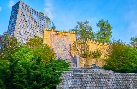 The colorful mosaic carpet fountain with traditional Azerbaijani pattern, located in Park of Heydar Aliyev in Kyiv, Ukraineの写真素材