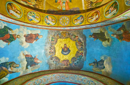 KYIV, UKRAINE - MAY 18, 2021: Panorama with impressive medieval frescoes on the vault of St Sophia Cathedral, on May 18 in Kyivのeditorial素材