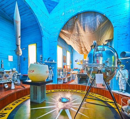 PEREIASLAV, UKRAINE - MAY 22, 2021: Space Exploration Museum interior with Lunar lander, rocket and Focault pendulum, Pereiaslav Scansen, on May 22 in Pereiaslavのeditorial素材