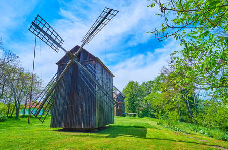 The scenic green meadow with preserved vintage wooden windmills, Pereiaslav Scansen, Ukraineの写真素材