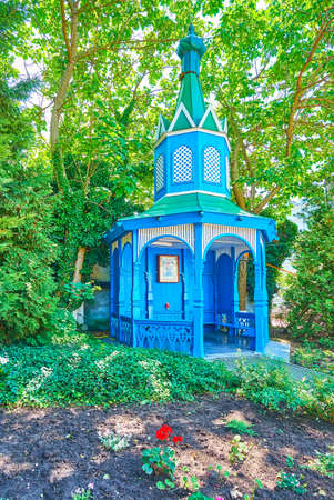 The carved wooden chapel with beautiful dome, located in garden of Archangel Michael Nunnery, Odessa, Ukraineの写真素材
