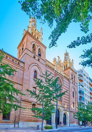 The brick facade of the Sacred Heart of Jesus Church, located in Gran Via de Colon in old town of Granada, Spainのeditorial素材