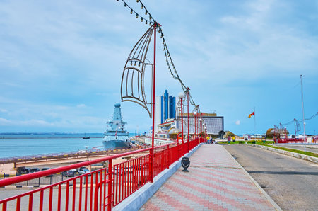 The Black Sea coast and Odessa Port with a view on Primorska street, Passenger Terminal and moored NATO warship, Odessa, Ukraineのeditorial素材