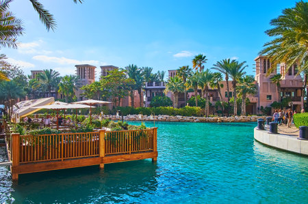 DUBAI, UAE - MARCH 4, 2020: The outdoor cafes along the canal of Souk Madinat Jumeirah market, on March 4 in Dubaiのeditorial素材