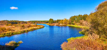 The scenic landscape with Uzh river and meadows on its banks, Korosten, Ukraine
