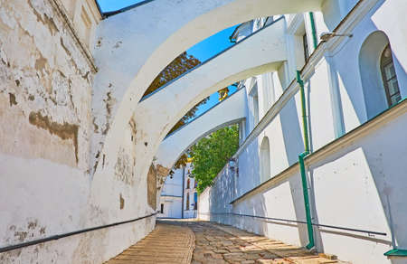 Explore the medieval fortress of Kyiv Pechersk Lavra Monastery with preserved butresses and ramparts, Kyiv, Ukraineの写真素材