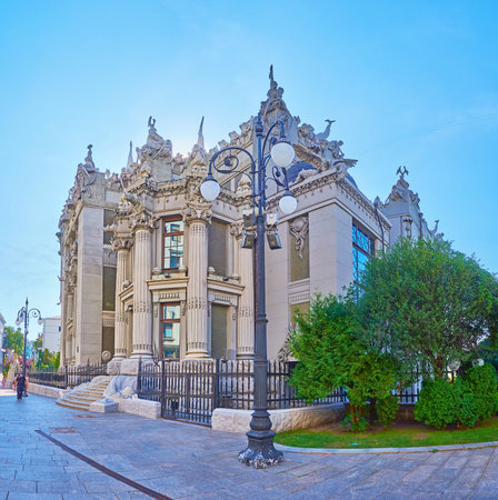 The outstanding exterior decoration of sculptured Horodecki House, also famous as the House with Chimaeras, located in Lypky neighborhood of Kyiv, Ukraineのeditorial素材