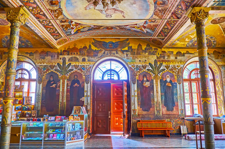 KYIV, UKRAINE - AUGUST 14, 2021: Interior of historic Refectory Church of Kyiv Pechersk Lavra Monastery with Saints, painted on the walls, on Aug 14 in Kyivのeditorial素材