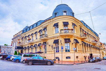 ODESSA, UKRAINE - June 19, 2021: Spectacular corner facade of historical mansion of luxury Hotel de Paris, on June 19 in Odessa, Ukraineのeditorial素材