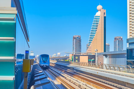 DUBAI, UAE - MARCH 3, 2020: Waiting the Metro on World Trade Center station on the Red Line on direction to Emirate Towers station, on March 3 in Dubaiのeditorial素材