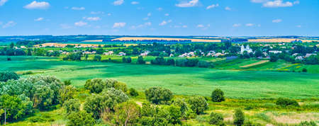 The view on agricultural fields and surrounding villages from the tower of Medzhybizh Castle, Ukraineの写真素材