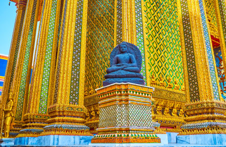 BANGKOK, THAILAND - MAY 12, 2019: The corner of Phra Mondop temple with stone Buddha in Indonesian style, on May 12 in Bangkok, Thailandのeditorial素材