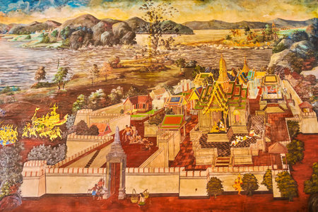 BANGKOK, THAILAND - MAY 12, 2019: Murals on the wall of the surrounding Gallery of Wat Phra Kaew Temple in Grand Palace, on May 12 in Bangkok, Thailandのeditorial素材