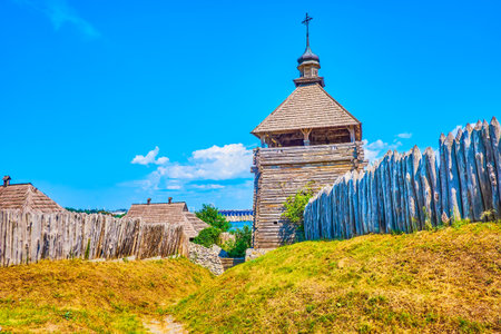 Zaporizhian Sich Fort on Khortytsia Island with its surrounding stockade and high defensive wooden tower, Zaporizhzhia, Ukraineの写真素材