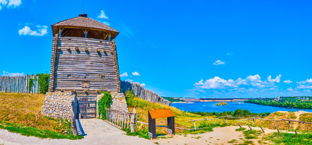 The main entrance wooden tower of Zaporizhian Sich scansen on Khortytsia Island in Zaporizhzhia, Ukraineのeditorial素材