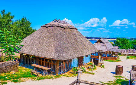 The houses of Zaporizhian Sich scansen, Khortytsia Island in Zaporizhzhia, Ukraineのeditorial素材