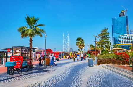 DUBAI, UAE - MARCH 7, 2020: JBR Marina Beach Walk is the cozy pedestrian street, stretching along...