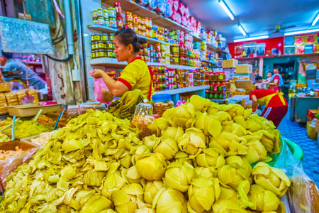 BANGKOK, THAILAND - MAY 12, 2019: The traditional chinese pickled vegatables on Sampheng market in Chinatown, on May 12 in Bangkok, Thailandのeditorial素材
