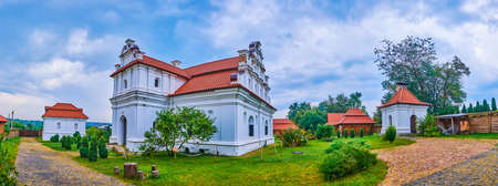 Panorama of the grounds of Bohdan Khmelnytsky Residence with white Baroque buildings and topiary...