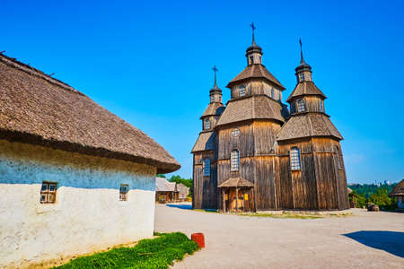 High timber church in  Zaporozhian Sich scansen, Khortytsia Island, Zaporizhzhia, Ukraineの写真素材