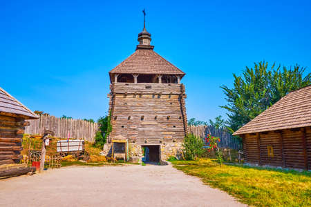 The scenic wooden tower of Zaporozhian Sich scansen on Khortytsia Island, Zaporizhzhia, Ukraineの写真素材
